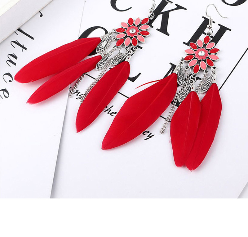 Fashion Red Flower Feather Earrings,Drop Earrings