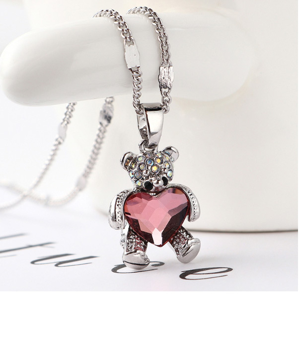 Fashion Purple Bear Holding Heart Crystal Necklace,Crystal Necklaces