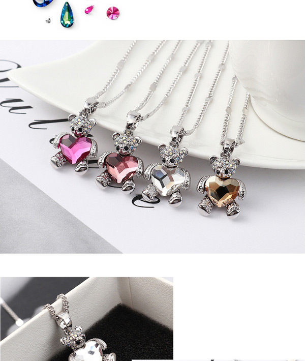 Fashion Classical Pink Bear Holding Heart Crystal Necklace,Crystal Necklaces