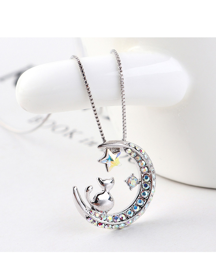 Fashion Golden Phantom Chasing Star Arch Moon Cat Crystal Necklace,Crystal Necklaces