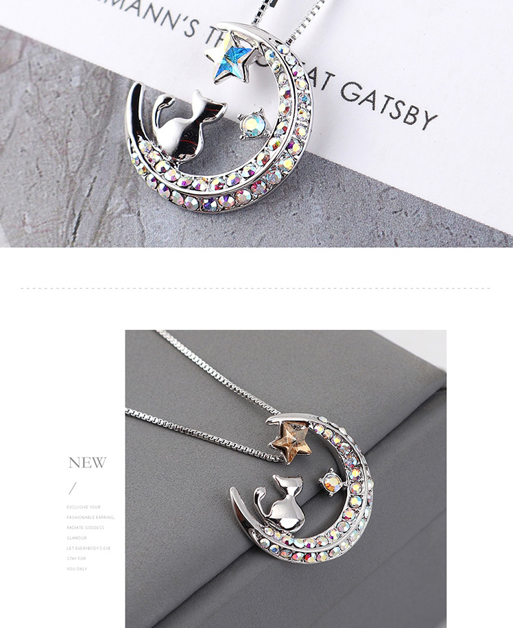 Fashion Golden Phantom Chasing Star Arch Moon Cat Crystal Necklace,Crystal Necklaces