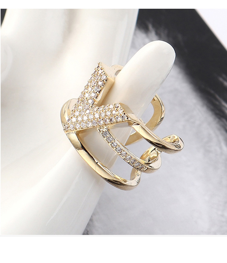 Fashion 14k Gold Zircon Ring - V Letter,Fashion Rings