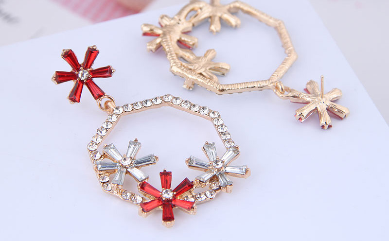 Fashion Gold + Maroon Metal Flash Diamond Ring Flower Earrings,Drop Earrings