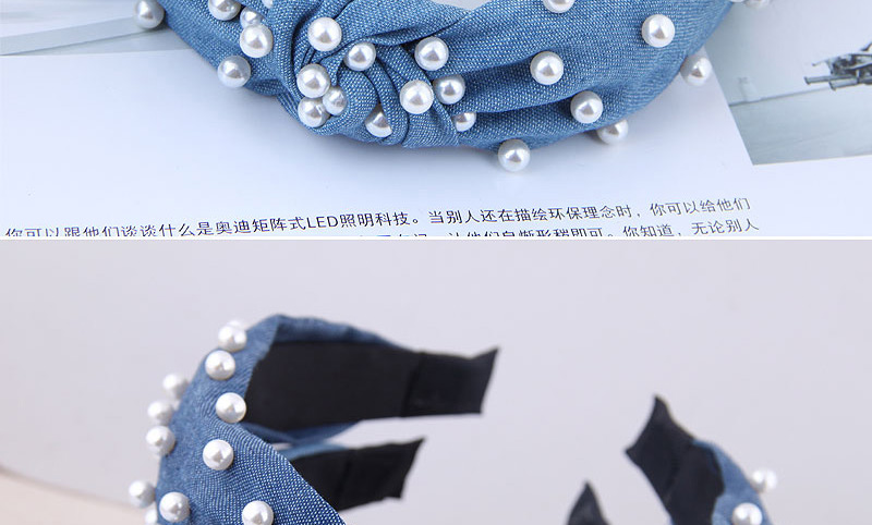 Fashion Navy Blue Nail Pearl Denim Fabric Knotted Headband,Head Band