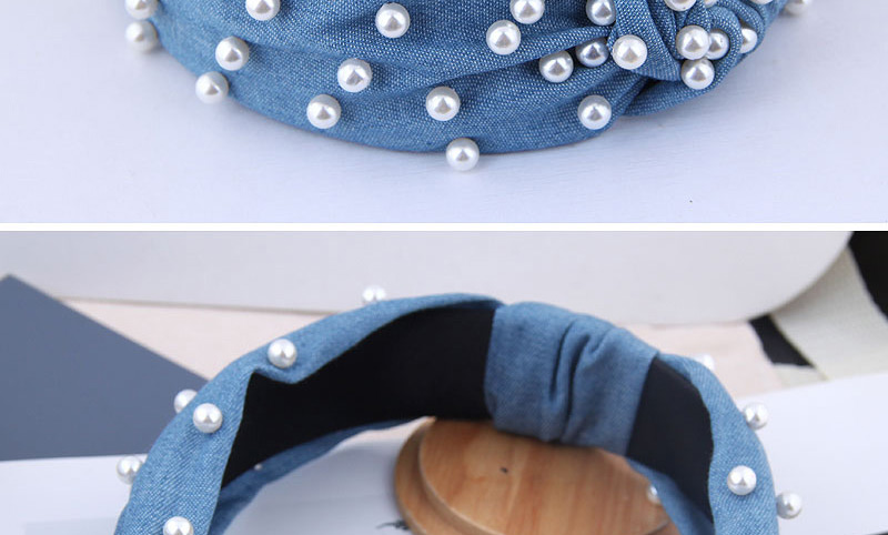 Fashion Navy Blue Nail Pearl Denim Fabric Knotted Headband,Head Band