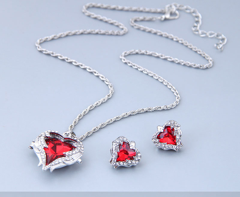 Fashion Rose Red Metal Angel Love Gemstone Necklace Earring Set,Jewelry Sets