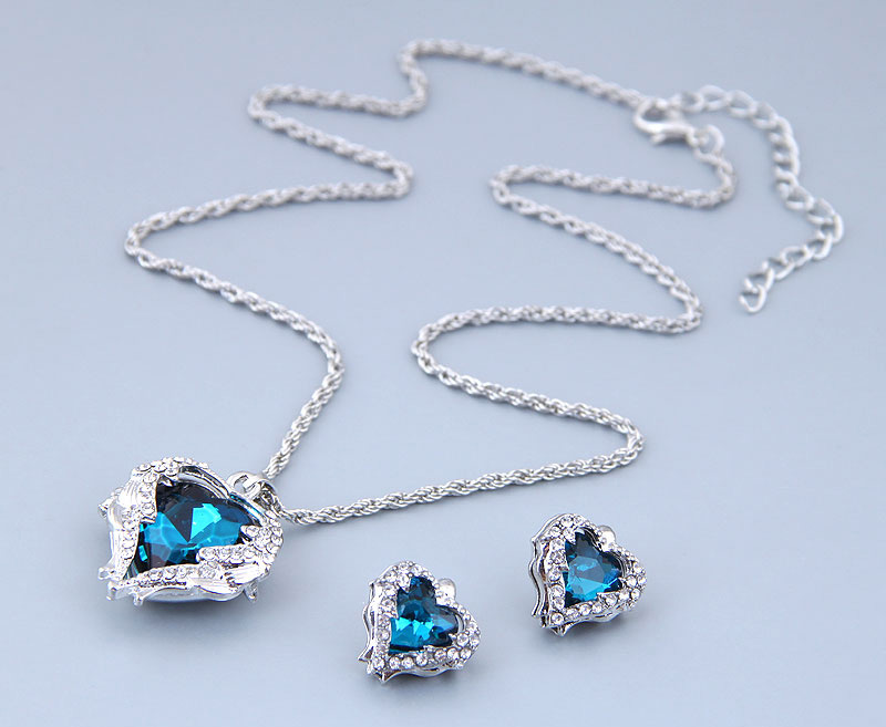 Fashion Blue Metal Angel Love Gemstone Necklace Earring Set,Jewelry Sets