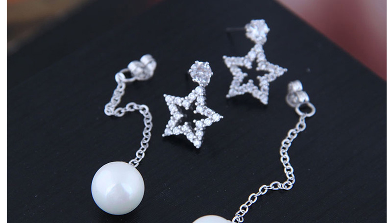 Fashion Silver  Silver Needle Zirconium Pentagonal Pearl Stud Earrings,Drop Earrings