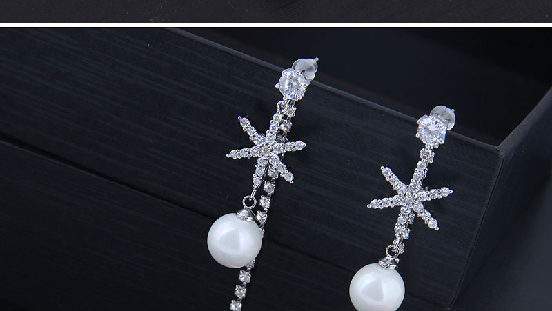Fashion Silver  Silver Pin Inlaid Zirconium Snowflake Pearl Tassel Earrings,Drop Earrings