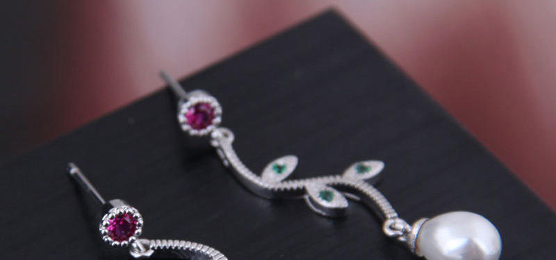 Fashion Silver Zirconium Leaf Pearl Stud Earrings,Stud Earrings