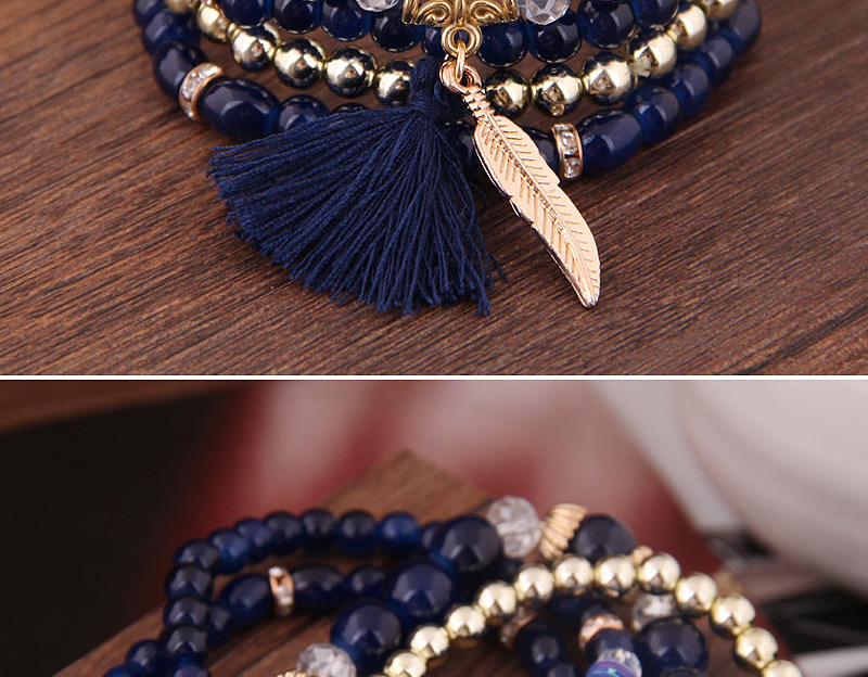 Fashion Blue Acrylic Beaded Fringe Leaf Pendant Multilayer Bracelet,Fashion Bracelets
