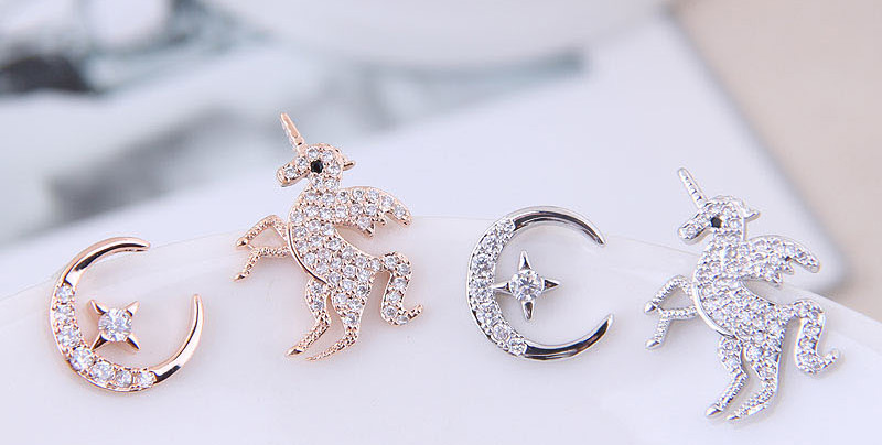 Fashion Gold  Silver Needle Copper Micro-inlaid Zircon Star Month Horse Asymmetrical Earrings,Stud Earrings