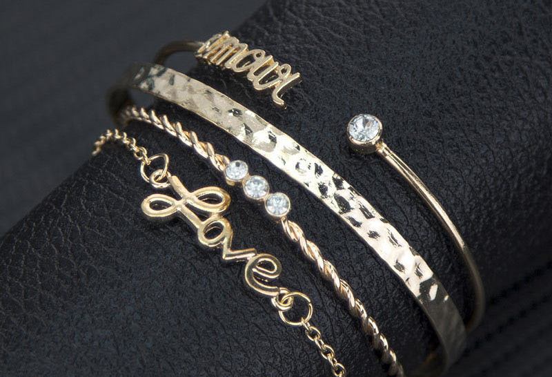 Fashion Gold Fine Twisted Horizontal Three-diamond Multi-layer Bracelet Four-piece,Fashion Bracelets