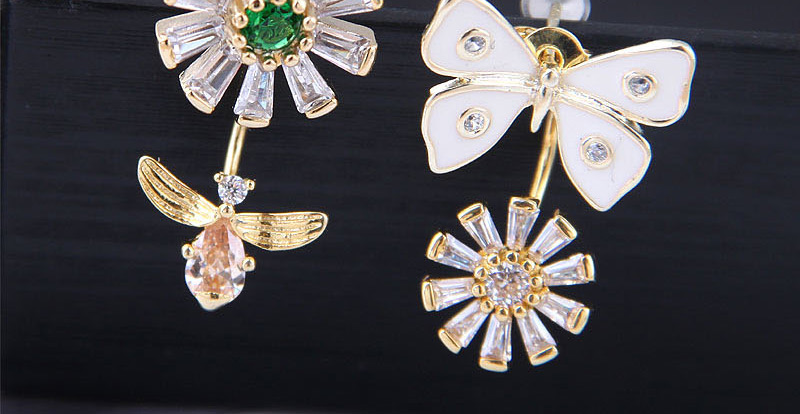 Fashion Gold  Silver Needle Copper Micro-inlaid Zircon Flower Butterfly Dance Asymmetric Earrings,Drop Earrings