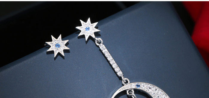 Fashion Silver  Silver Needle Copper Micro-inlaid Zircon Star And Moon Asymmetrical Earrings,Drop Earrings
