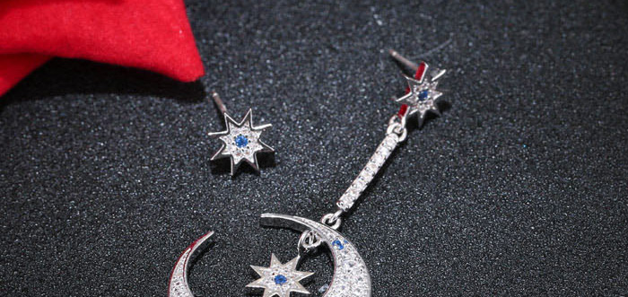 Fashion Silver  Silver Needle Copper Micro-inlaid Zircon Star And Moon Asymmetrical Earrings,Drop Earrings