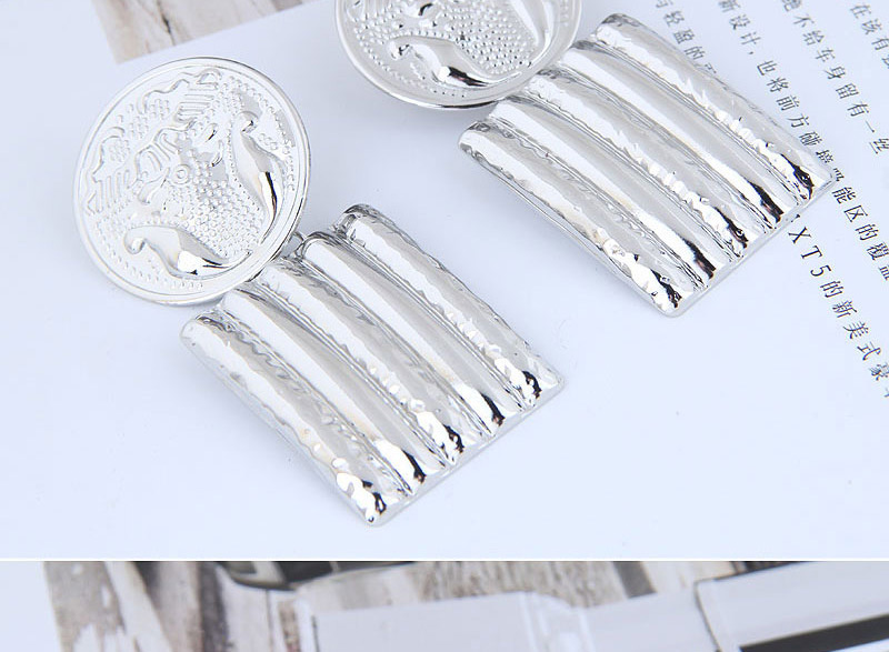 Fashion Silver Metal Flower Carving Badge Square Earrings,Stud Earrings
