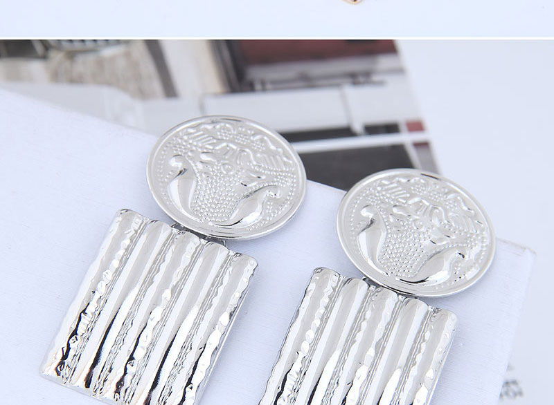 Fashion Silver Metal Flower Carving Badge Square Earrings,Stud Earrings