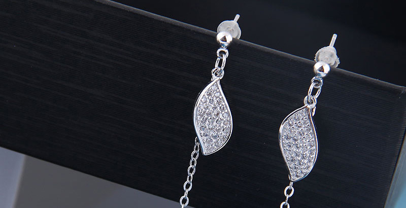 Fashion Silver  Silver Needle Copper Micro Inlaid Zircon Foliage Jade Earrings,Drop Earrings