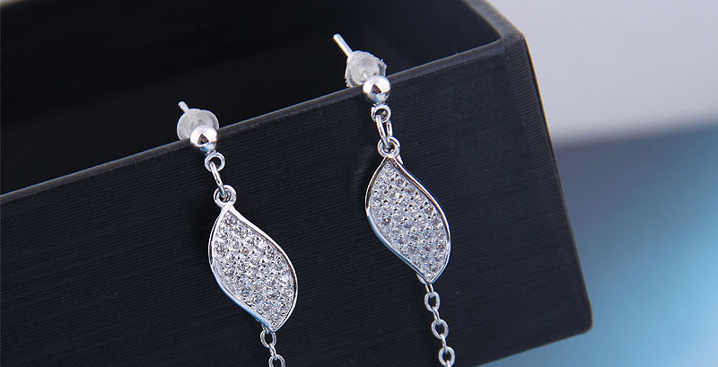 Fashion Silver  Silver Needle Copper Micro Inlaid Zircon Foliage Jade Earrings,Drop Earrings