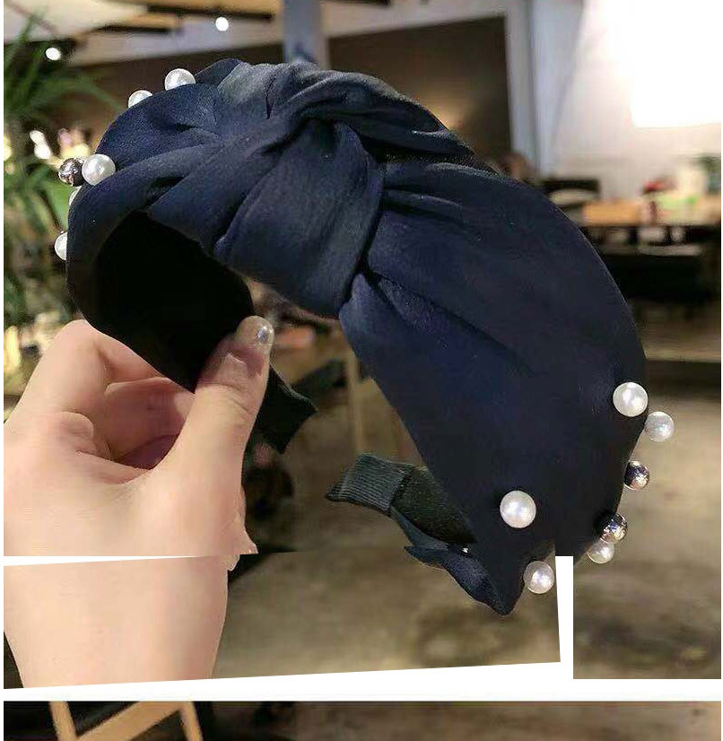 Fashion Navy Pearl Fabric Knotted Wide Edge Hair Band,Head Band