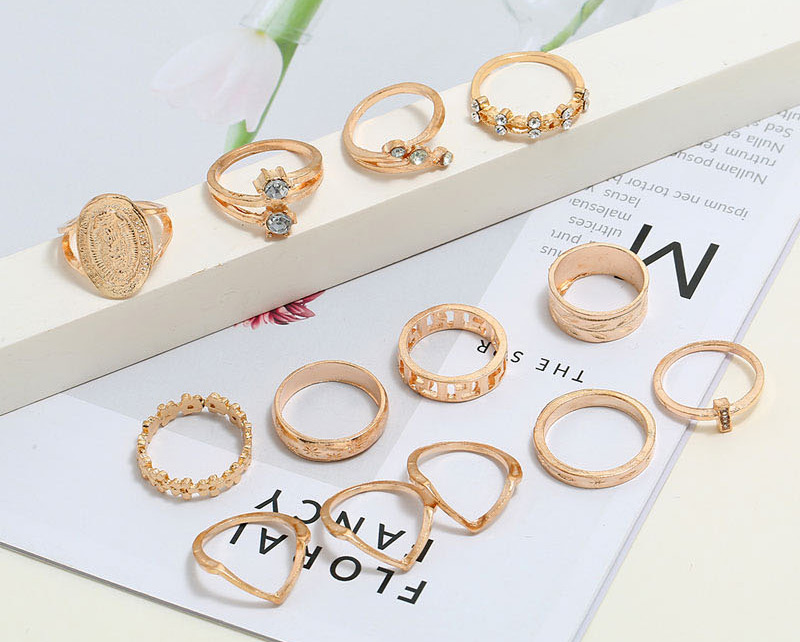 Fashion Golden Diamond Flower Portrait Geometry Ring Set,Rings Set