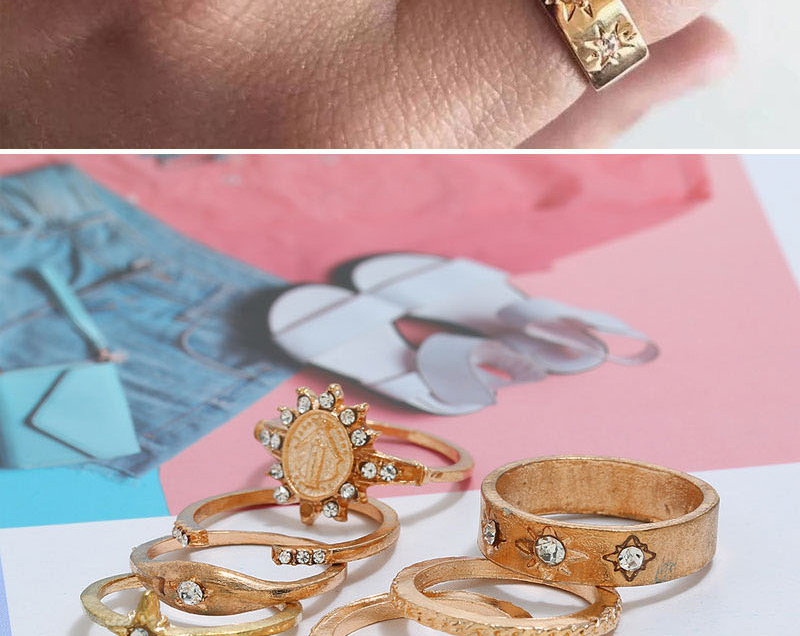 Fashion Golden Sunflower Geometric Figure Ring Set With Diamonds,Rings Set