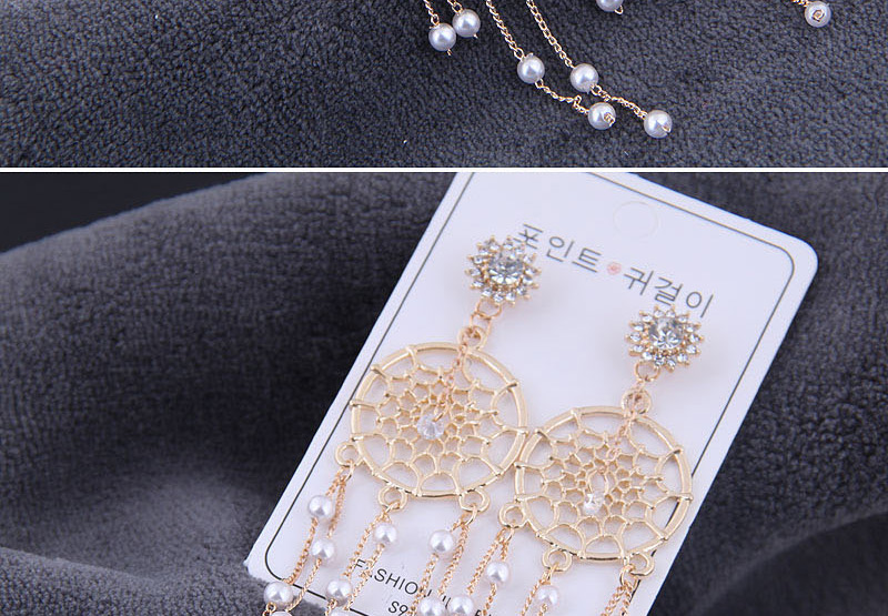 Fashion Golden Dreamcatcher Pearl Tassel Stud Earrings With Diamonds,Drop Earrings