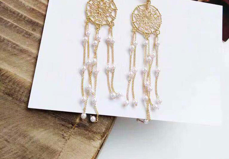 Fashion Golden Dreamcatcher Pearl Tassel Stud Earrings With Diamonds,Drop Earrings