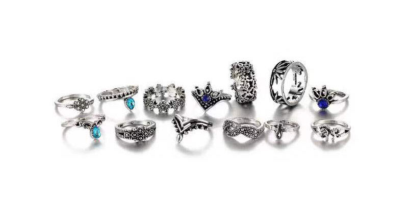 Fashion Silver Crown Cutout Ring Set With Diamonds,Rings Set