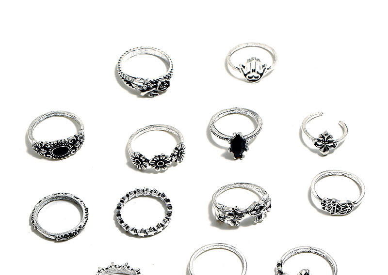 Fashion Silver Flower Palm Snake Cutout Ring Set With Diamonds,Rings Set