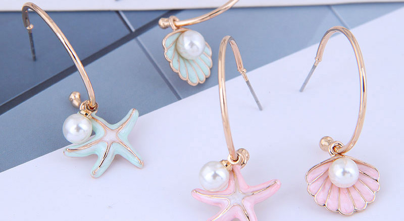 Fashion Pink Starfish Shell Asymmetric Stud Earrings,Hoop Earrings