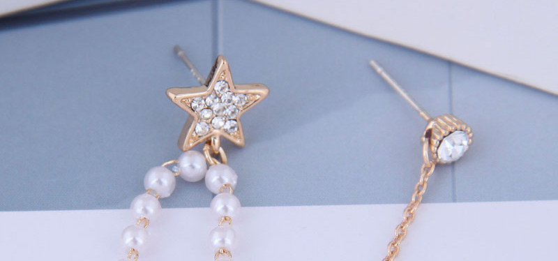 Fashion Golden Star And Moon Pearl Asymmetric Stud Earrings,Stud Earrings