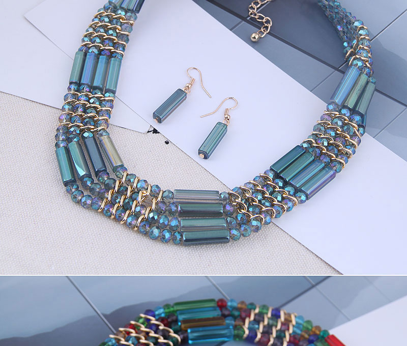 Fashion Blue Metal Crystal Bead Contrast Necklace Earring Set,Jewelry Sets