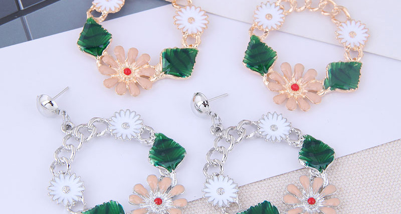 Fashion Alloy + Drill Flower And Leaf Chain Stud Earrings,Drop Earrings