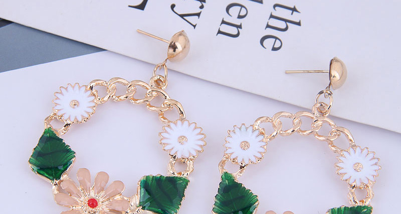 Fashion Alloy + Drill Flower And Leaf Chain Stud Earrings,Drop Earrings