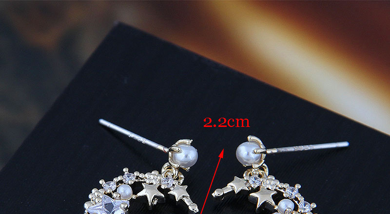 Fashion  Silver Needle + Copper + Zircon Star Moon Pearl Stud Earrings With Diamonds,Drop Earrings