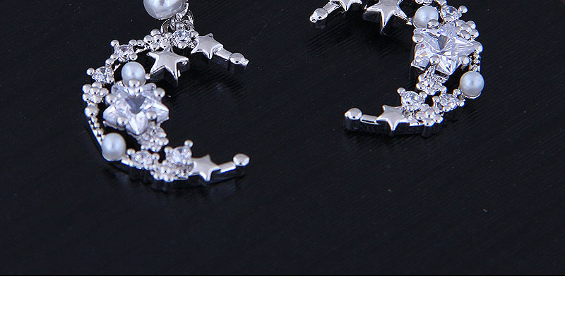 Fashion  Silver Needle + Copper + Zircon Star Moon Pearl Stud Earrings With Diamonds,Drop Earrings