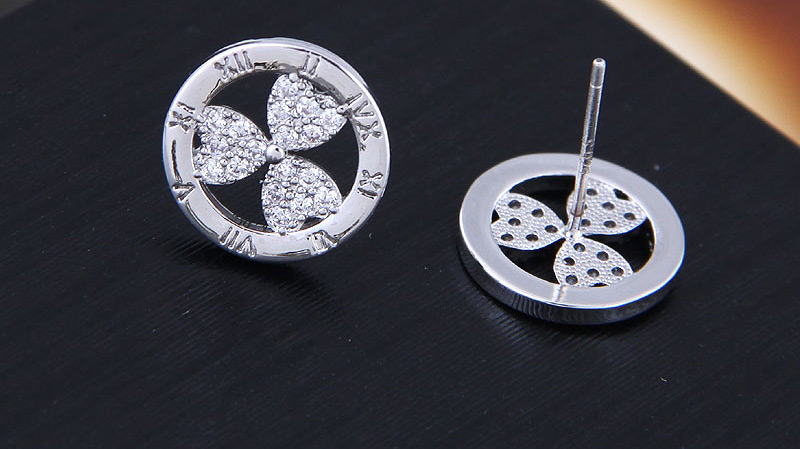 Fashion  Silver Needle + Copper + Zircon Roman Numerals Cutout Stud Earrings With Diamonds,Stud Earrings