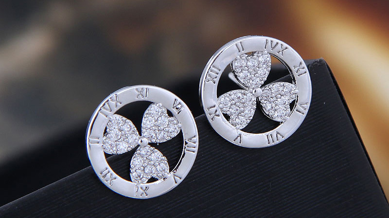 Fashion  Silver Needle + Copper + Zircon Roman Numerals Cutout Stud Earrings With Diamonds,Stud Earrings