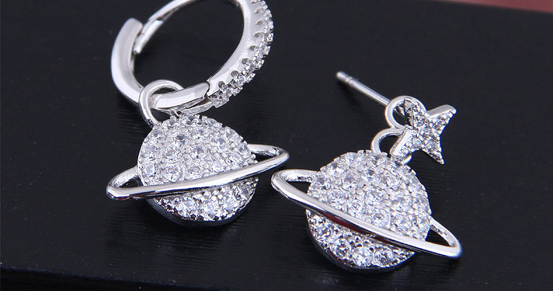Fashion Silver Copper Asymmetric Zircon Saturn Stud Earrings,Hoop Earrings