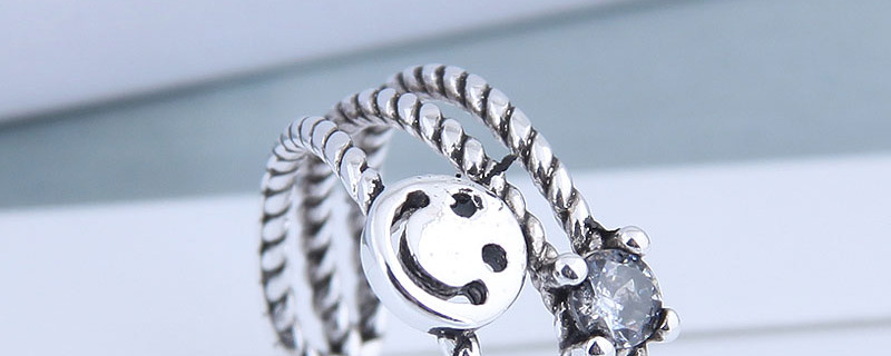 Fashion Silver Cutout Smiley Face Open Ring With Diamonds,Fashion Rings