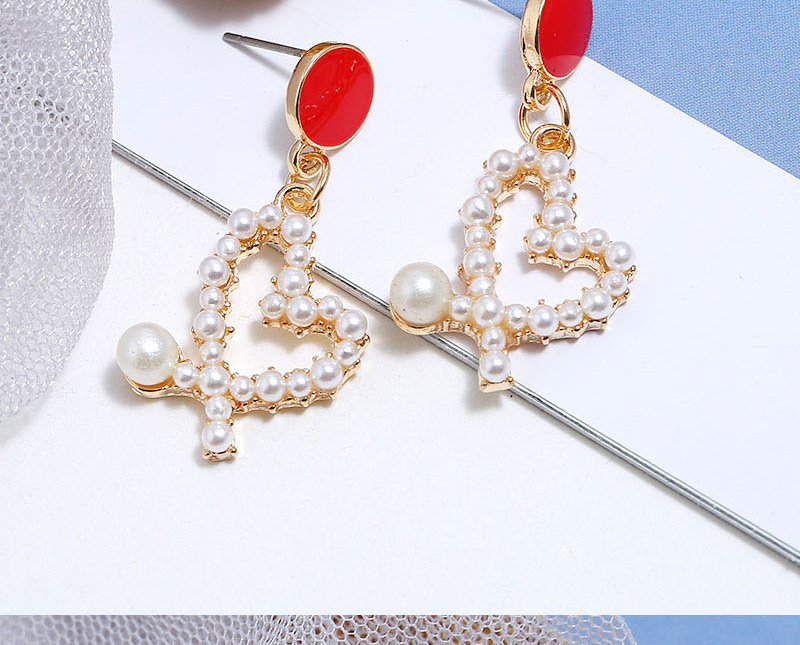 Fashion Red Irregular Heart Pierced Earrings With Pearl Drop Oil,Stud Earrings