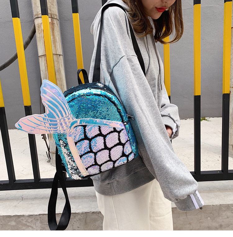 Fashion Light Blue Sequined Fishtail Backpack,Backpack