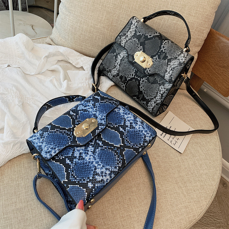 Fashion Blue Snake Contrast Color Messenger Bag,Handbags