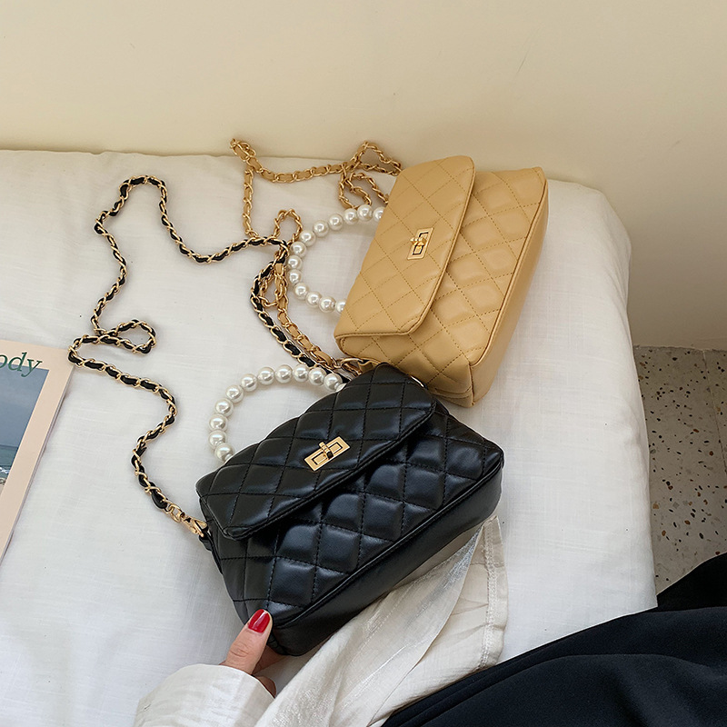 Fashion Yellow Chain Lingge Pearl Handbag Shoulder Messenger Bag,Handbags