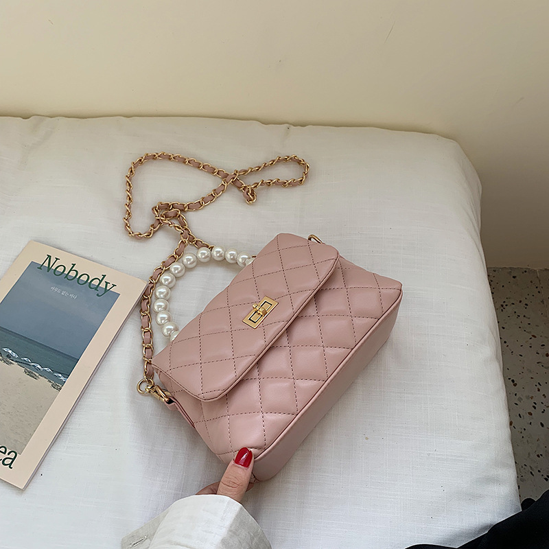 Fashion Pink Chain Lingge Pearl Handbag Shoulder Messenger Bag,Handbags