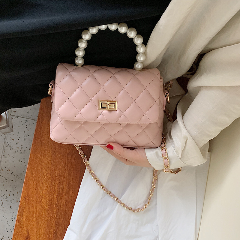 Fashion Black Chain Lingge Pearl Handbag Shoulder Messenger Bag,Handbags