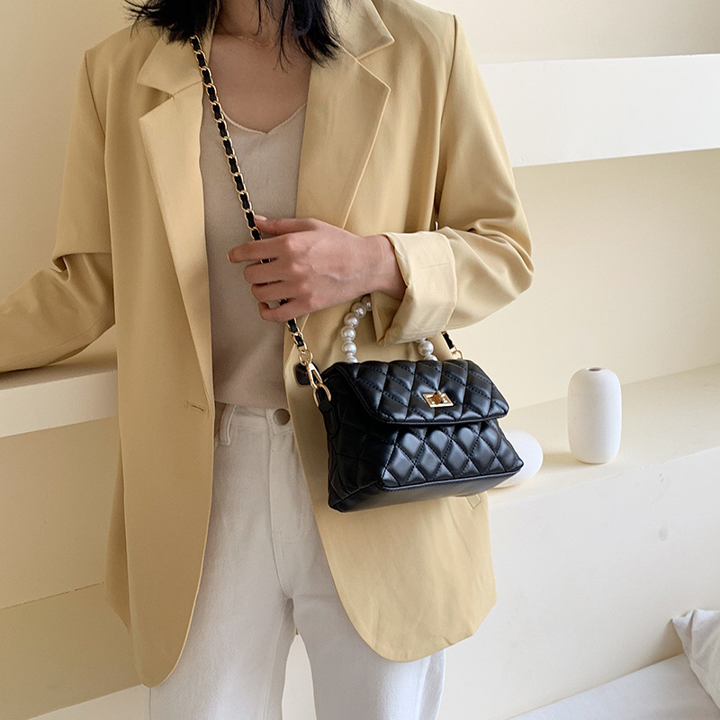 Fashion Black Chain Lingge Pearl Handbag Shoulder Messenger Bag,Handbags