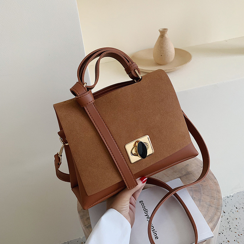 Fashion Brown Frosted Contrast Lock Buckle Shoulder Bag,Handbags